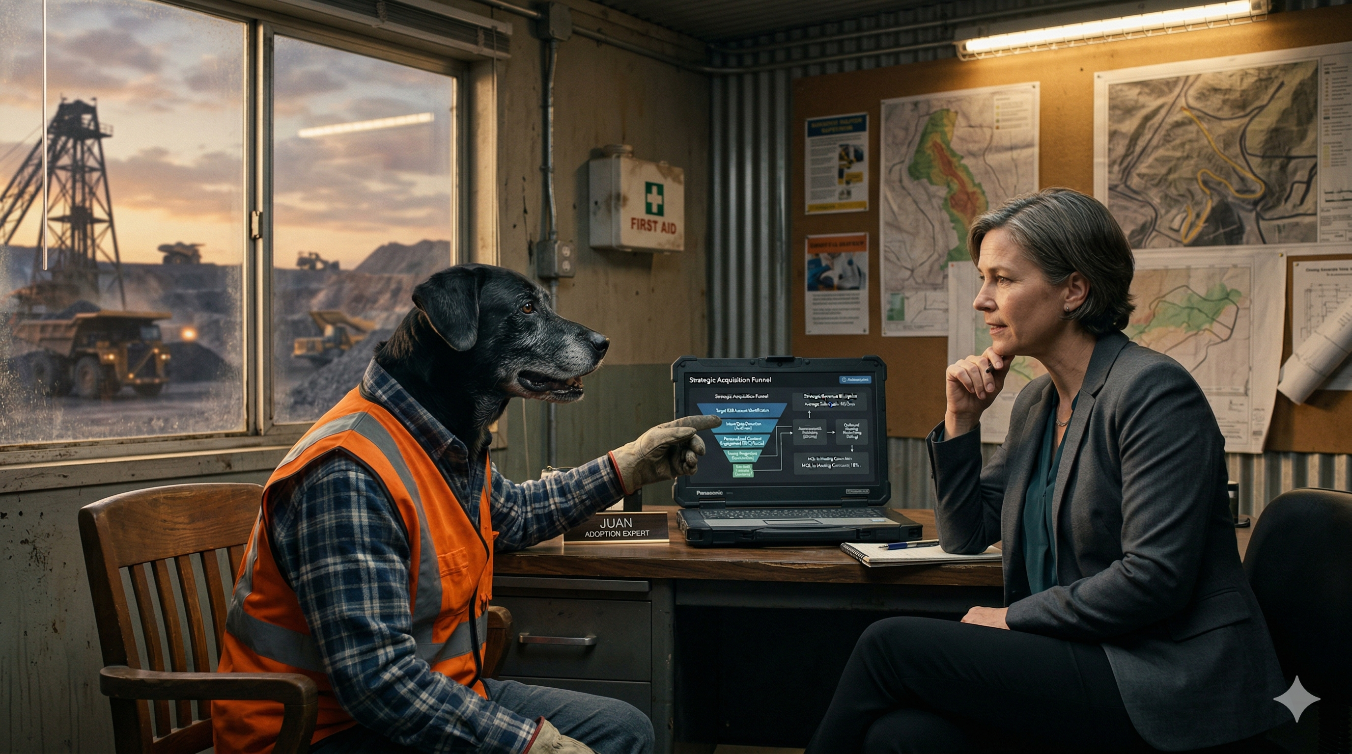 Mining specialist service dog wearing professional gear